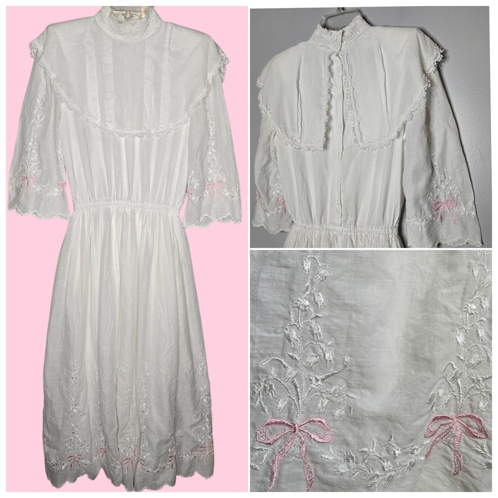 Jessica McClintock Victorian Prairie Dress High Neck Cottagecore Embroidered VTG